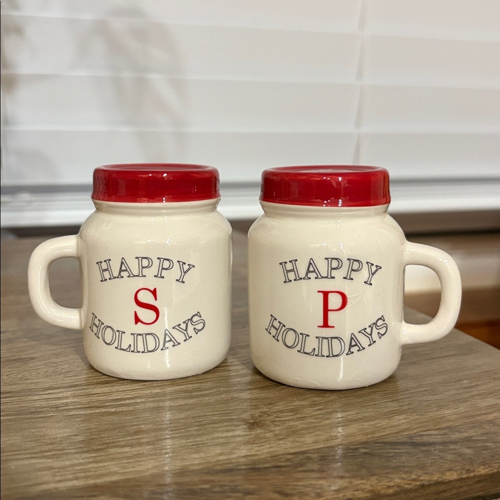 Happy Holidays Cream and Red salt & Pepper shakers